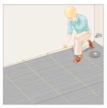 Drawing of a man making wall base marks and flooring underlayment lines.