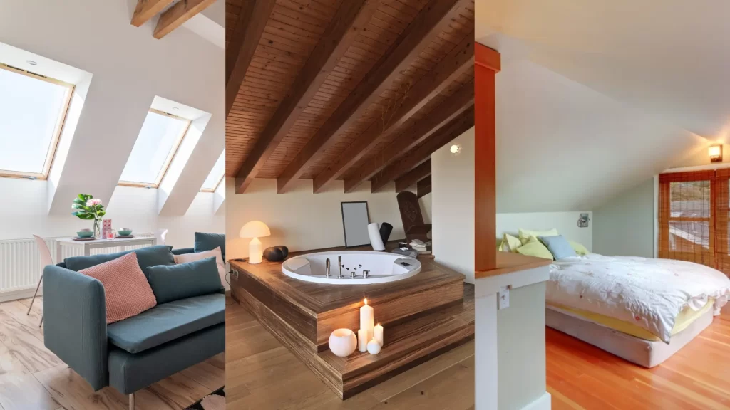 Collage of three images with attic space transformation in a sitting area, spa space and a cozy bedroom respectively.