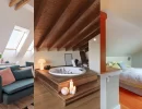 Collage of three images with attic space transformation in a sitting area, spa space and a cozy bedroom respectively.