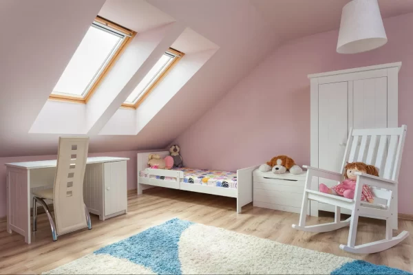 View of a kids room in attic space