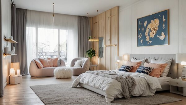 View of a bedroom with cozy plush textiles used in cushion, sofa, bedding and rug