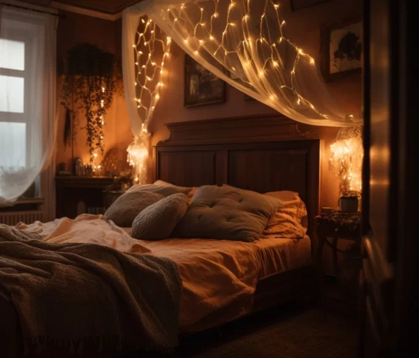 View of a bedroom with fairy lights