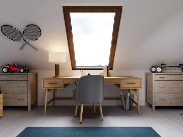 View of a playroom and study area in attic space