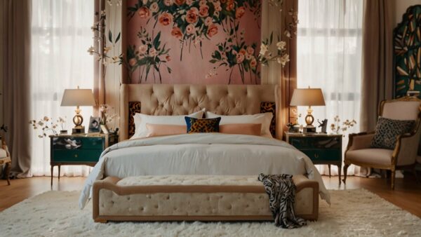 View of a bedroom with floral wallpaper