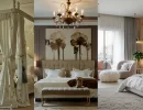 A collage of three images. 1st one has a bed with canopy, 2nd image has a statement bed and 3rd features plush, cozy textiles to create romantic essence.