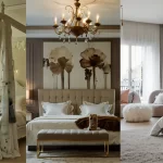 A collage of three images. 1st one has a bed with canopy, 2nd image has a statement bed and 3rd features plush, cozy textiles to create romantic essence.