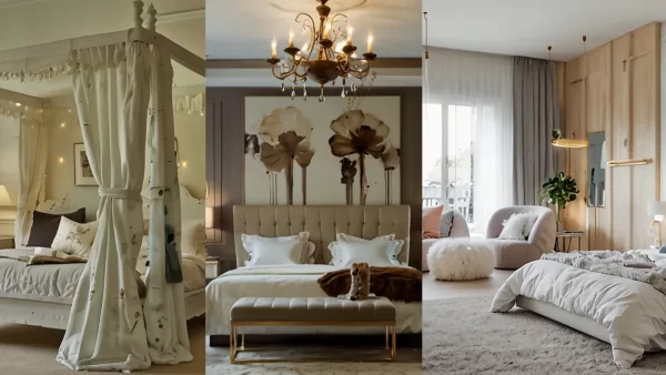 A collage of three images. 1st one has a bed with canopy, 2nd image has a statement bed and 3rd features plush, cozy textiles to create romantic essence.