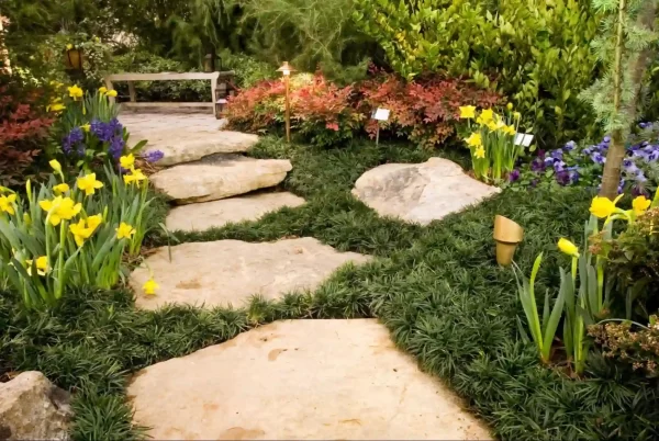 A rustic path crafted with stones of various shapes and sizes, creates a natural and inviting feel.