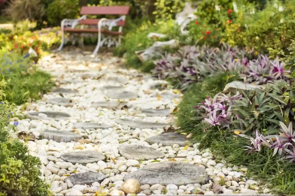 A harmonious blend of textures and elements—circular stepping stones nestled within a bed of white pebbles— are all beautifully framed by lush plants.