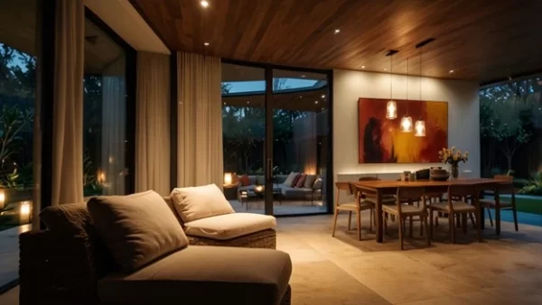 A variety of ambient, task, and accent lighting fixtures create a welcoming, comfortable lighting scheme.