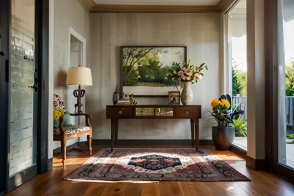 Wide entryway with warm hardwood floors, flowers, and a handsome side table greet guests in style.