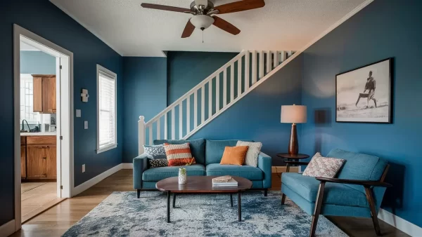 The tranquil vibes of this blue-themed living room can instantly lift one's mood and create a peaceful and happy atmosphere.