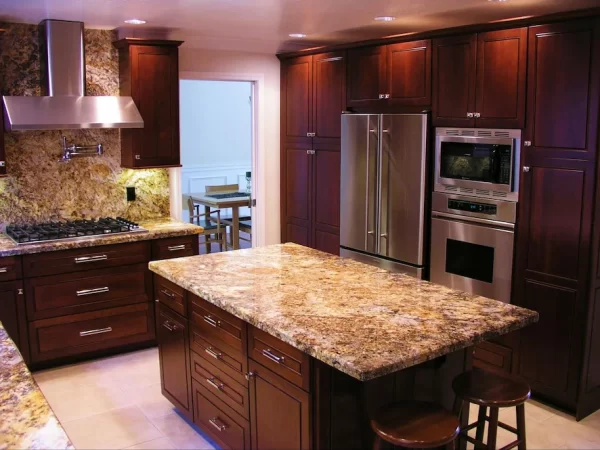 Warm, dark wood gives this kitchen classic elegance