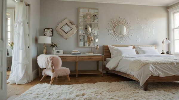 A view of a bedroom showing beautiful rug