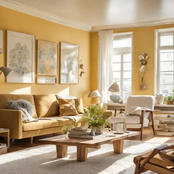 The warmth of a yellow-themed living space radiates comfort, where natural light dances on soft hues and creates a welcoming retreat.