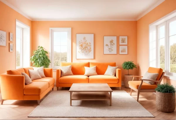 Bright orange and coral-themed living room creates a space for bursting energy and warmth for a lively conversation. 