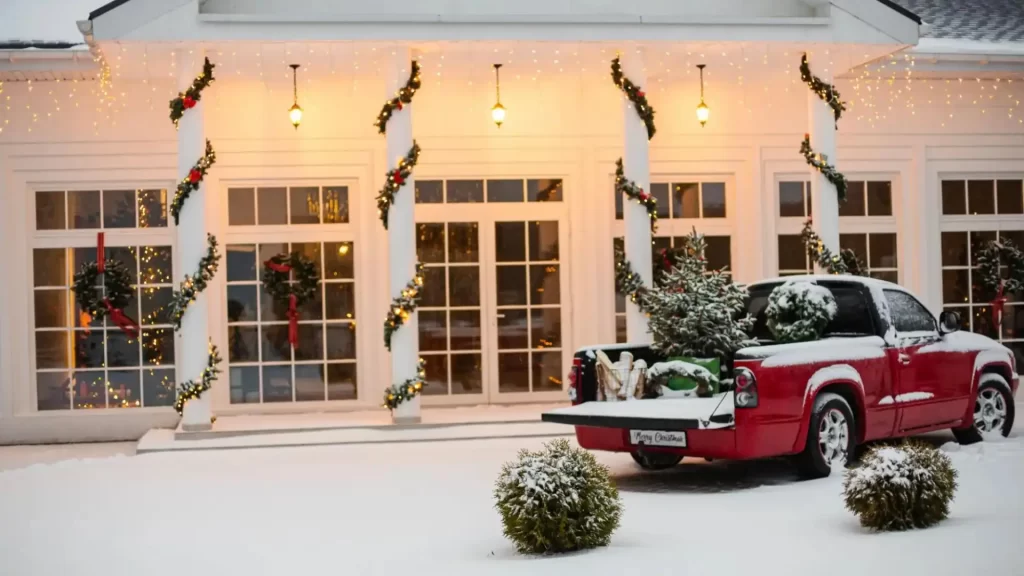 Simple wreaths garlands adorned with red bows and string lights emanate Christmas vibes.