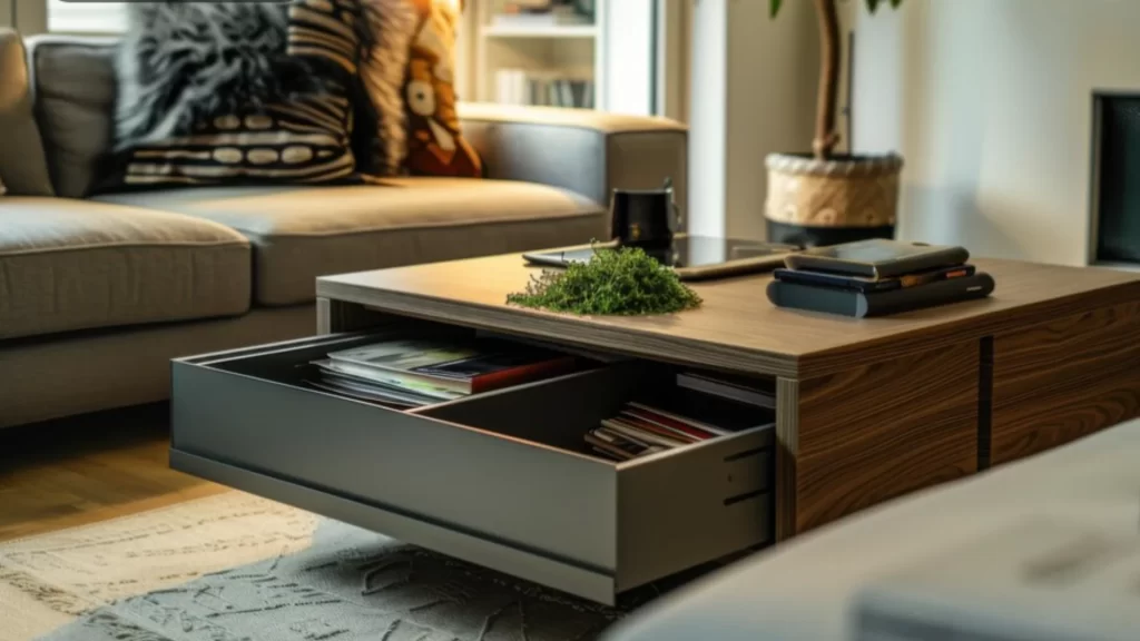 Wooden coffee table with storage for a clutter free space.