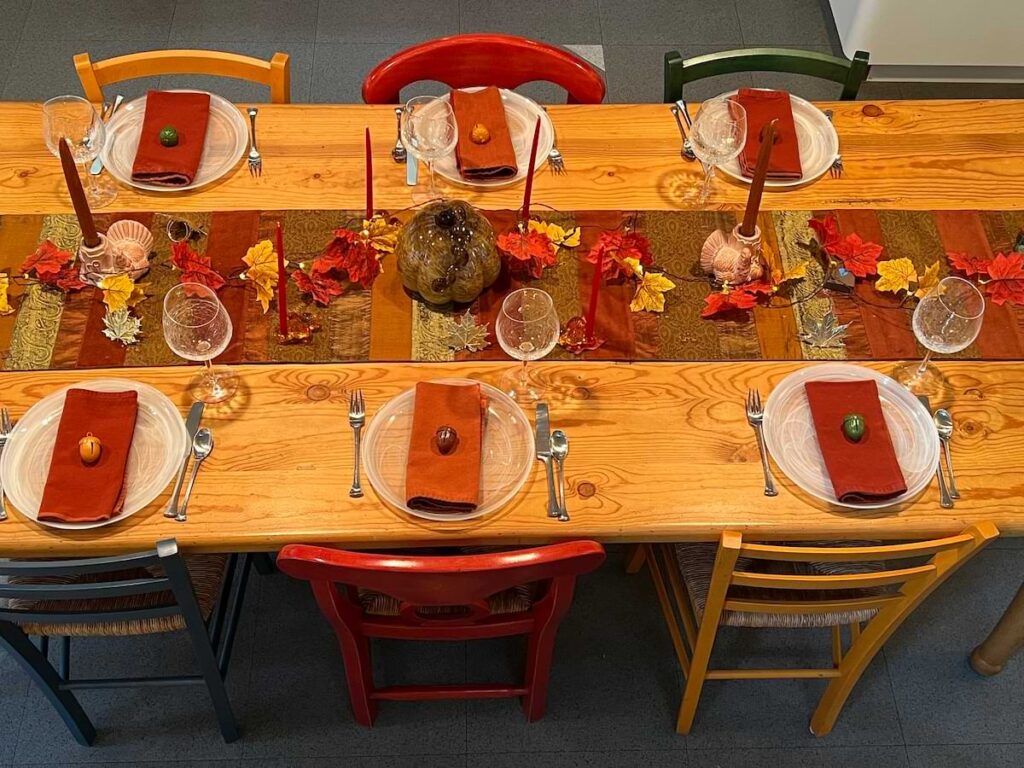 Pine table with fall decorations