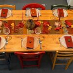 Pine table with fall decorations